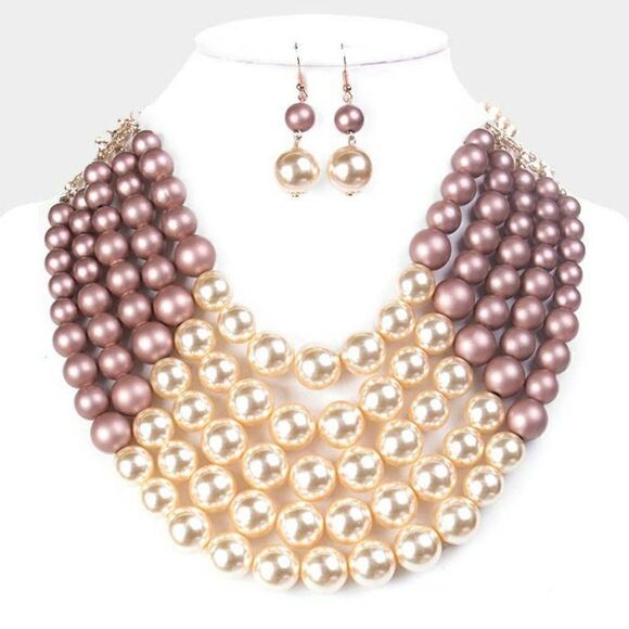 Pearl Matte Rose Chunky Multi Strand Bib Necklace Set NWT - Picture 4 of 6